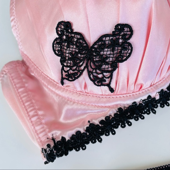 Pink Satin Black Lace Bra and Panties Set - Picture 3 of 16